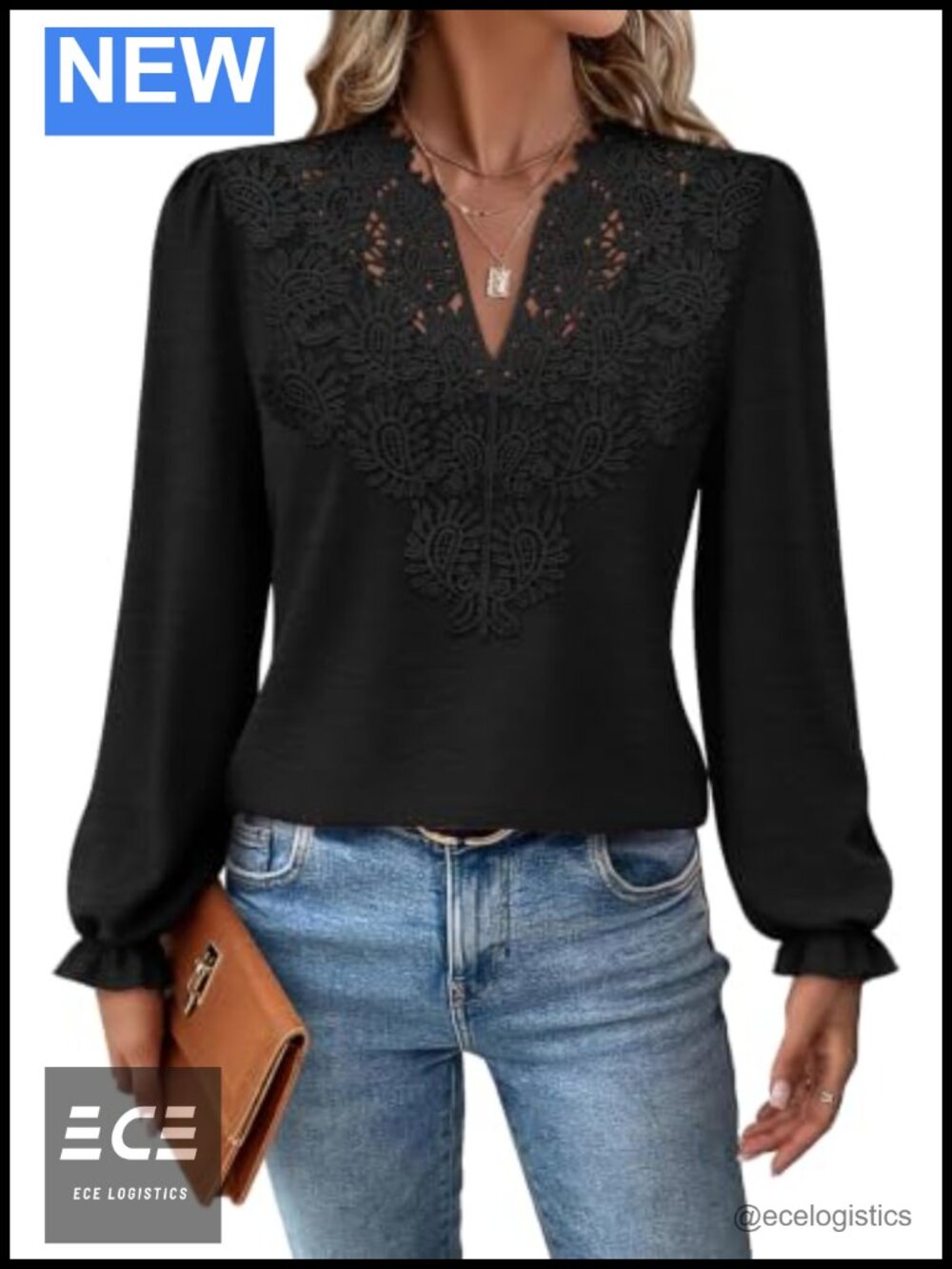 Womens Lace Long Sleeve V Neck Blouse Boho Relaxed Fit Top